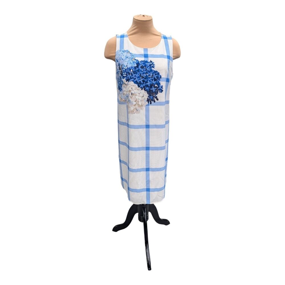 CeCe Hydrangea Windowpane Shift Dress Blue White Floral Sleeveless Lined Size 8 - Picture 1 of 7